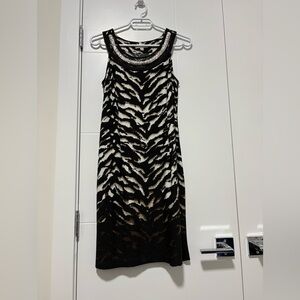 Sandra Darren Black and White Beaded Neckline Zebra-Print Mini Dress